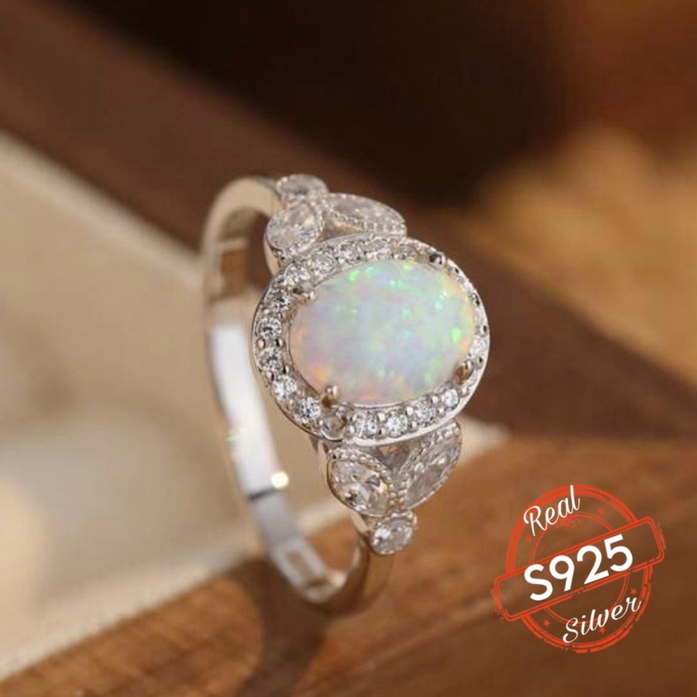 Opal Retro Vintage Style Sterling Silver Halo Ring for Women